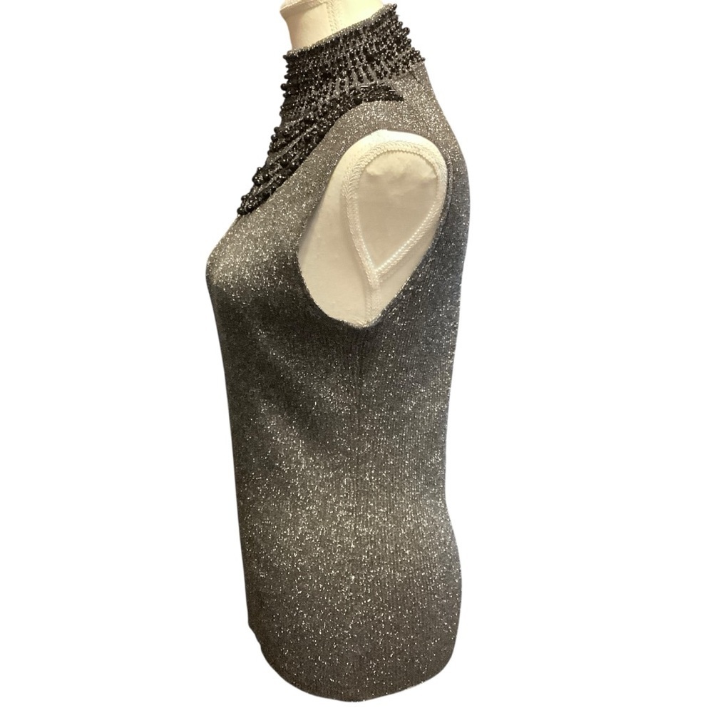 Grace Metallic Silk Blend Beaded Mock Neck Sleeveless Top Size L - Picture 2 of 8